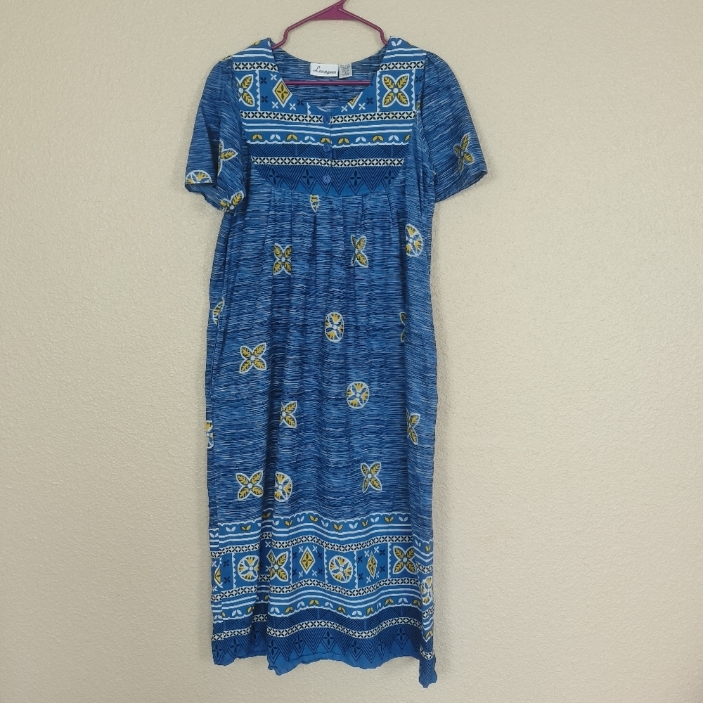 Loungees multicolored blue tunic dress size S with pockets 100% cotton‎ V Neck